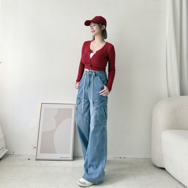 斜口袋牛仔長褲 