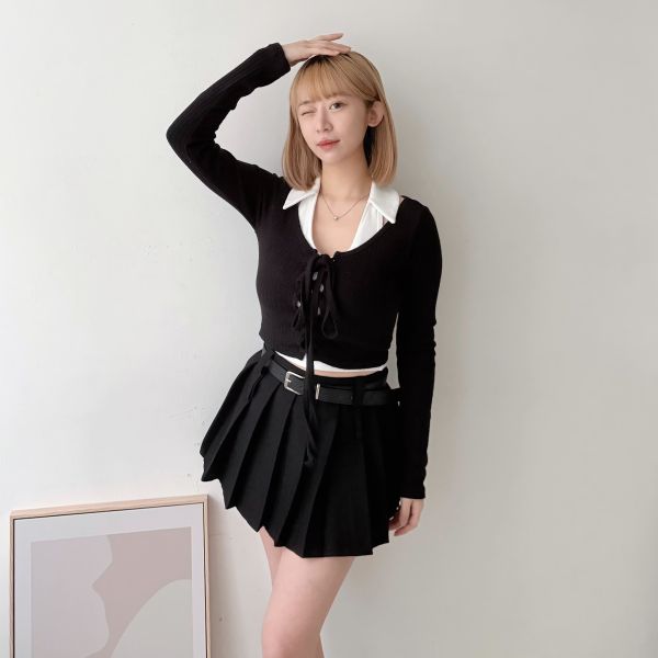 襯衫領背心配綁帶上衣 