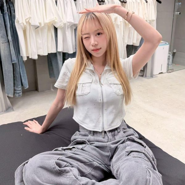 立領雜染拉鍊上衣 