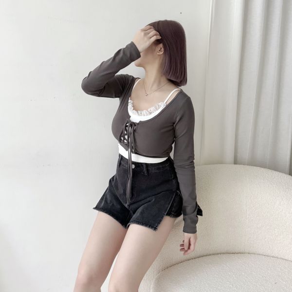 綁帶T蕾絲背心2件式 