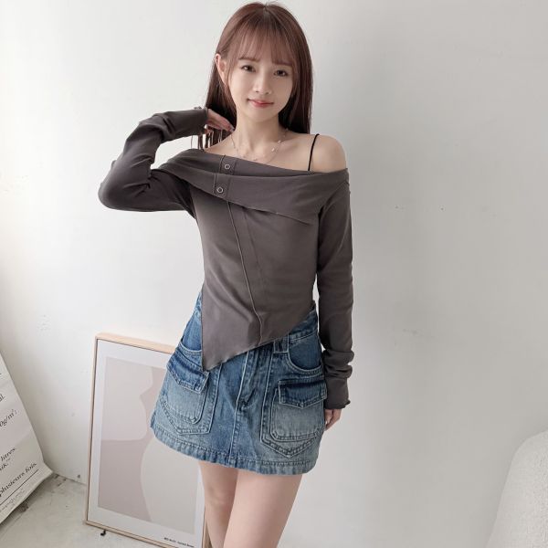 反領斜邊棉質2件式 