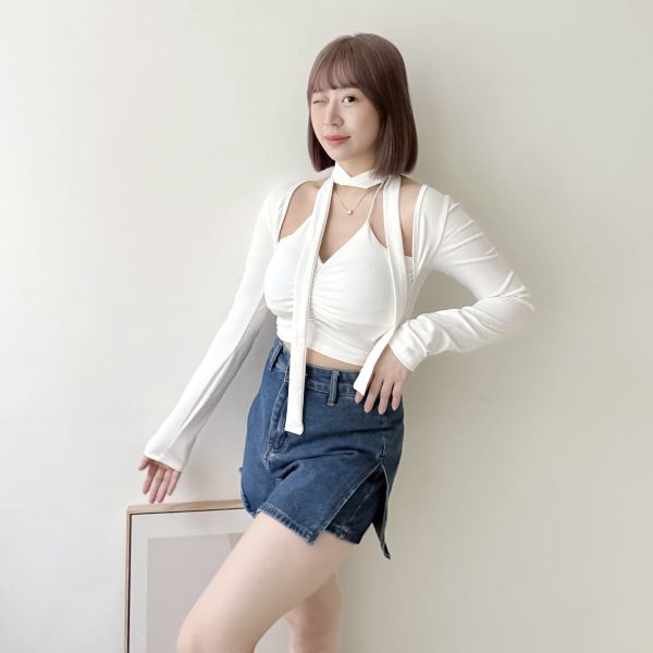 胸抓皺棉質假2件式 