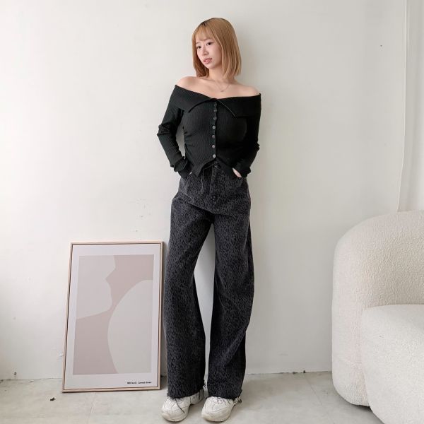 毛邊豹紋牛仔長褲 