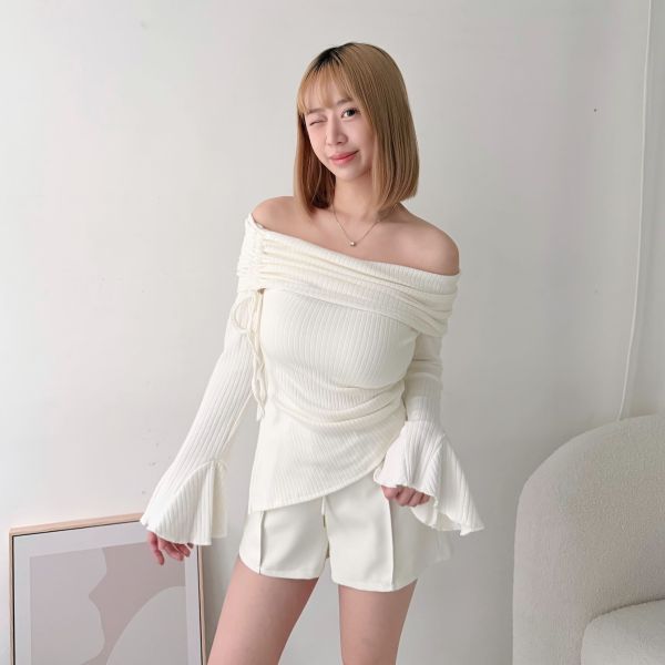 翻領抽繩喇叭袖上衣 