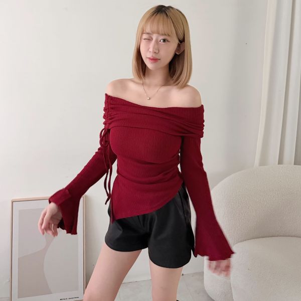 翻領抽繩喇叭袖上衣 