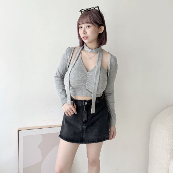 胸抓皺棉質假2件式 