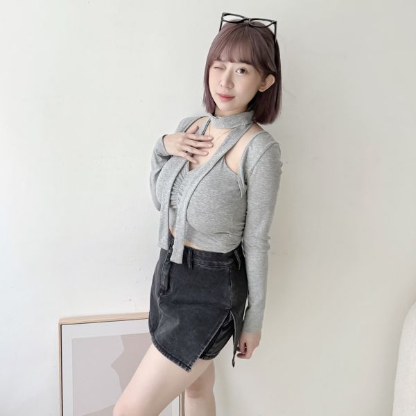 側開岔牛仔褲裙 