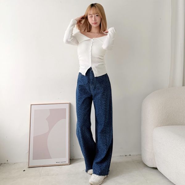 毛邊豹紋牛仔長褲 