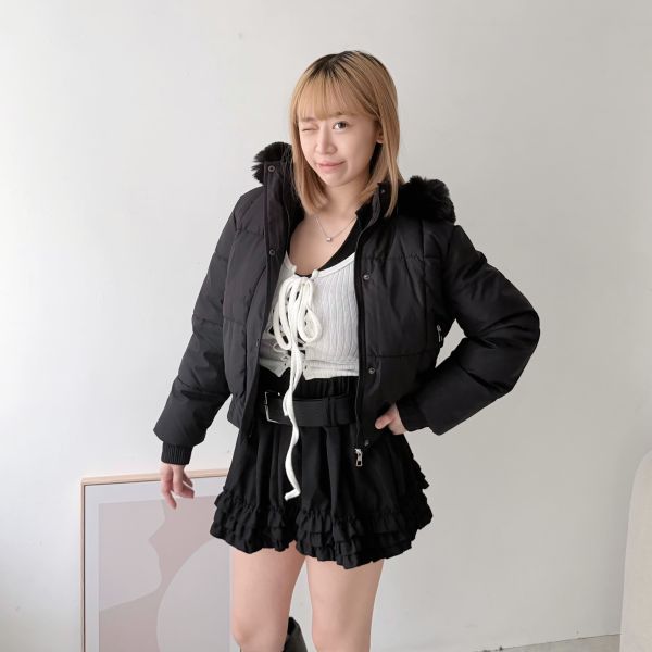 連帽毛毛短版厚外套 