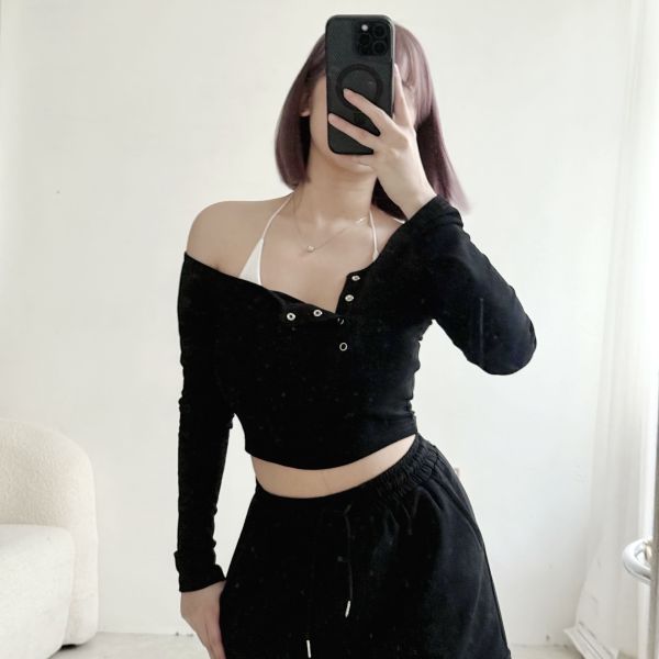 斜邊釦棉質2件式 