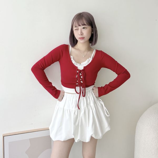 綁帶T蕾絲背心2件式 