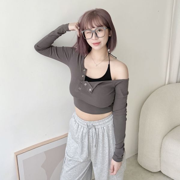 斜邊釦棉質2件式 