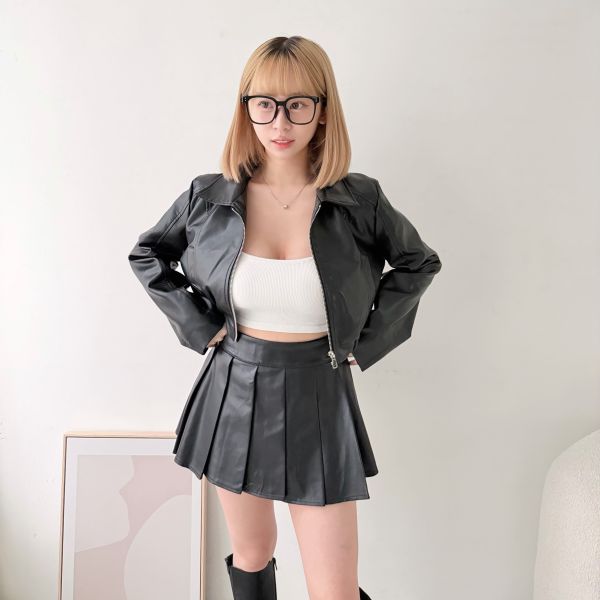 拉鍊皮外百褶裙裝 