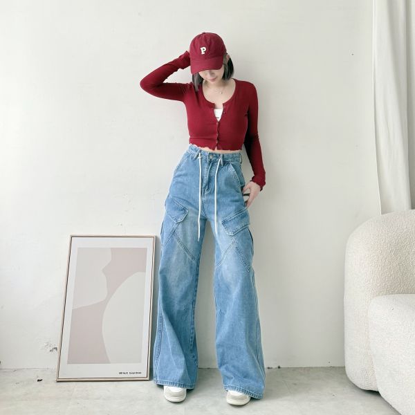 斜口袋牛仔長褲 