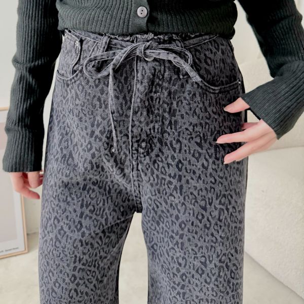 毛邊豹紋牛仔長褲 