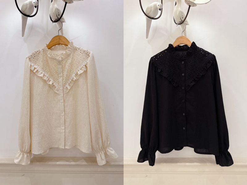 法式蕾絲荷葉襯衫 蕾絲襯衫,荷葉邊上衣,法式上衣,鏤空蕾絲,氣質襯衫,早春穿搭,長袖襯衫,女裝上衣,氣質穿搭,休閒上衣