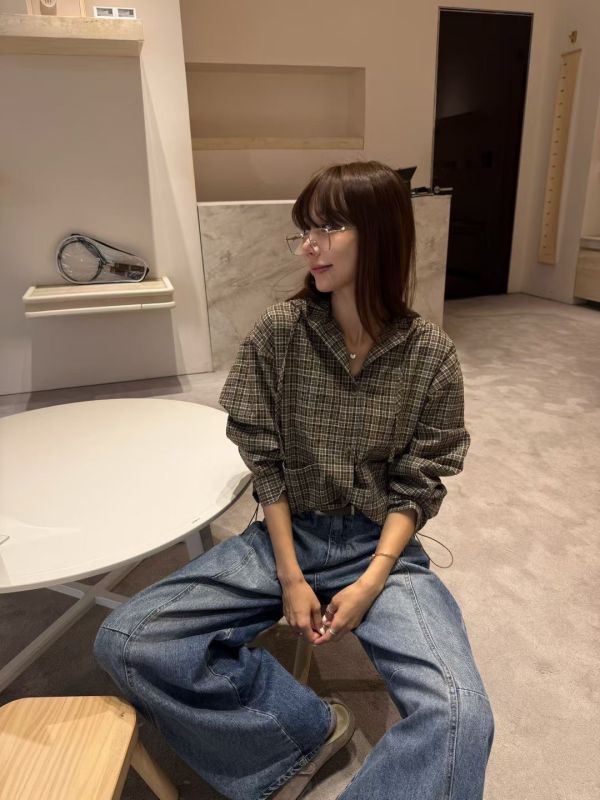 靜謐格序連帽襯衫 連帽襯衫,格紋襯衫,寬鬆上衣,正韓襯衫,棉質襯衫,休閒襯衫,秋冬襯衫,層次穿搭,格紋連帽,韓系穿搭