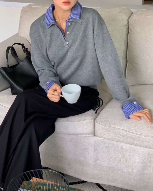 雙領層序拼接針織上衣 針織上衣,假兩件上衣,拼接設計,襯衫領上衣,層次穿搭,女裝上衣,氣質女裝,高級感上衣,韓系女裝,通勤穿搭