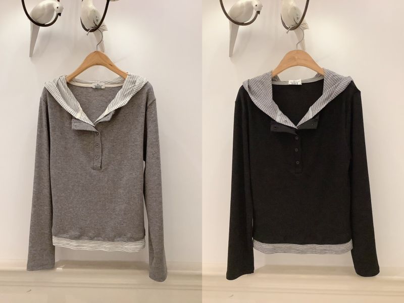 雙領層次設計針織上衣 雙領上衣,層次針織上衣,灰色針織衫,韓系上衣,氣質女裝,秋冬針織上衣,通勤穿搭,百搭上衣