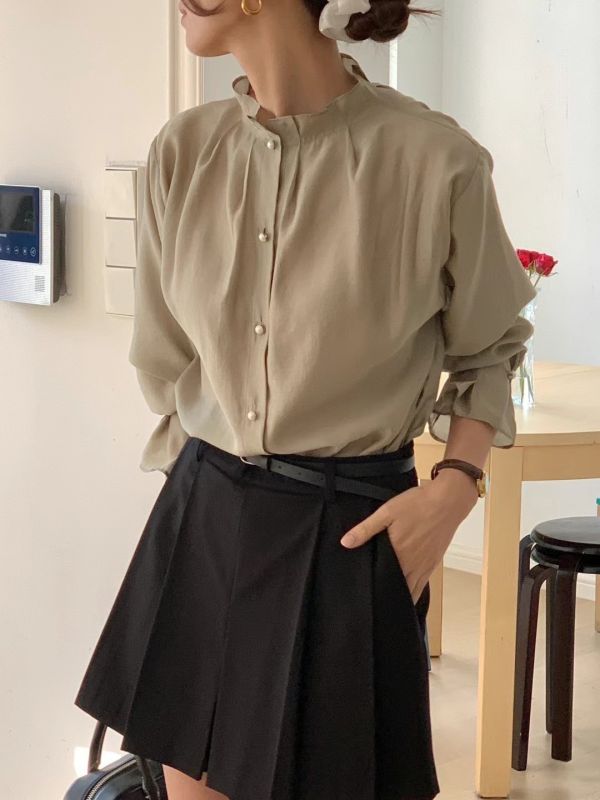 正韓珍珠鈕扣花苞領襯衫 花苞領襯衫