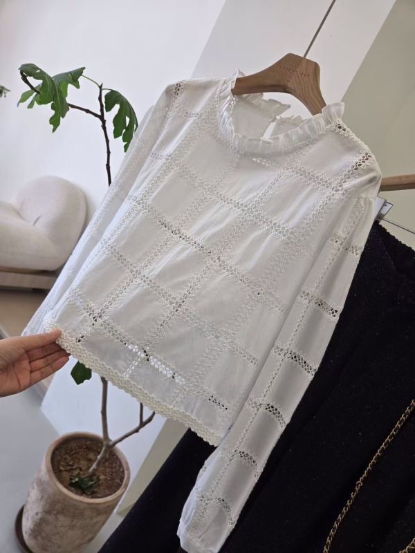 格影蕾絲鏤空襯衫 蕾絲上衣,鏤空襯衫,立領襯衫,荷葉邊上衣,女裝襯衫,氣質女裝,蕾絲拼接上衣