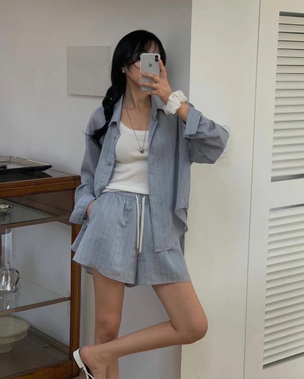 夏日慵懶條紋套裝 條紋套裝,夏季穿搭,文青居家服,寬鬆套裝,兩件式套裝,簡約風穿搭,氣質套裝,韓系穿搭