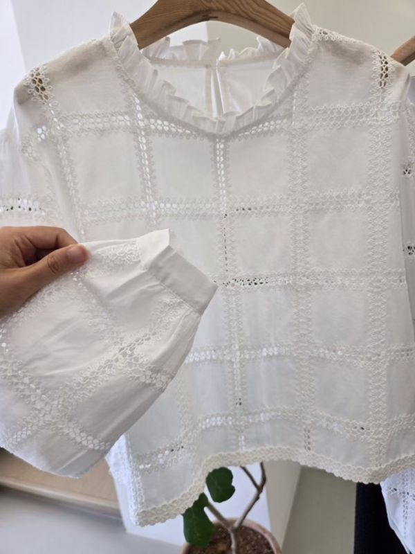 格影蕾絲鏤空襯衫 蕾絲上衣,鏤空襯衫,立領襯衫,荷葉邊上衣,女裝襯衫,氣質女裝,蕾絲拼接上衣