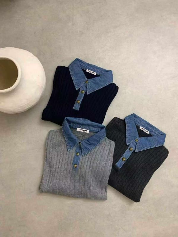 織界拼領針織上衣 針織上衣,拼接上衣,牛仔領襯衫,長袖上衣,女裝針織衫,復古鈕扣上衣,高級女裝