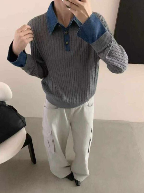 織界拼領針織上衣 針織上衣,拼接上衣,牛仔領襯衫,長袖上衣,女裝針織衫,復古鈕扣上衣,高級女裝