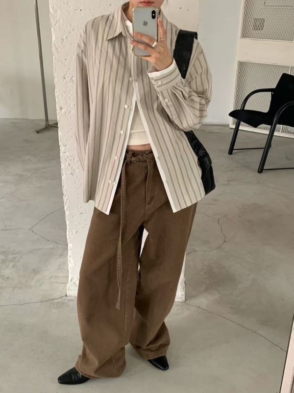 晨霧條序襯衫 條紋襯衫,韓系襯衫,設計感襯衫,藍白襯衫,對比領襯衫,寬鬆襯衫,知性襯衫,時髦襯衫