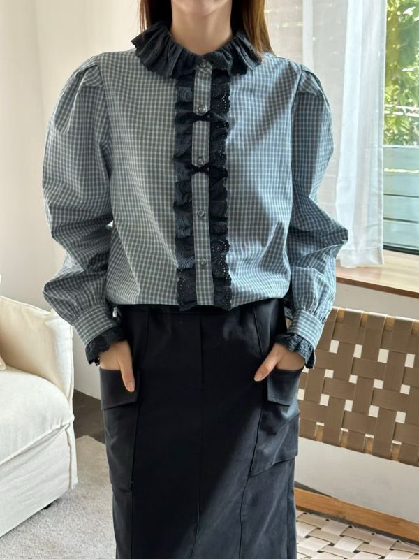 蕾序格影襯衫 蕾絲襯衫,格紋襯衫,法式襯衫,優雅女裝,設計感上衣,立體領襯衫,正韓女裝,氣質襯衫,高質感上衣,微澎袖設計