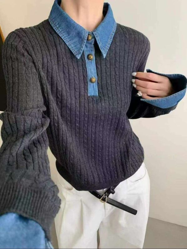 織界拼領針織上衣 針織上衣,拼接上衣,牛仔領襯衫,長袖上衣,女裝針織衫,復古鈕扣上衣,高級女裝