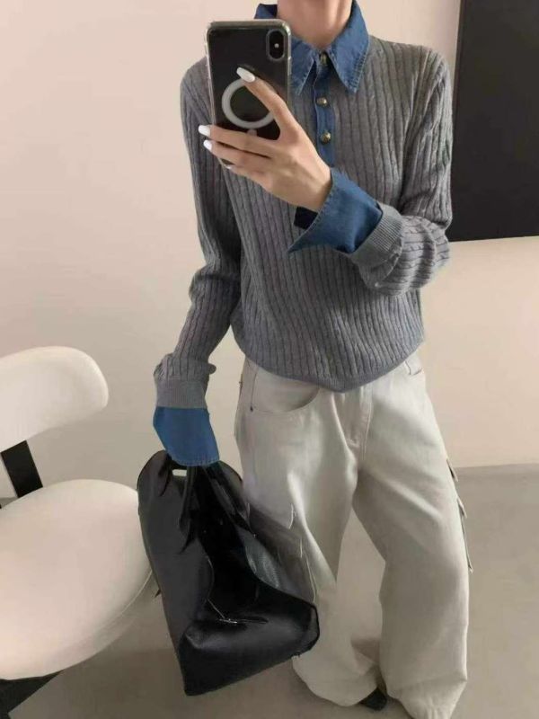 織界拼領針織上衣 針織上衣,拼接上衣,牛仔領襯衫,長袖上衣,女裝針織衫,復古鈕扣上衣,高級女裝