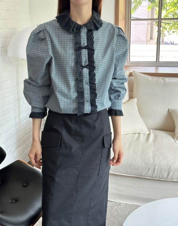 蕾序格影襯衫 蕾絲襯衫,格紋襯衫,法式襯衫,優雅女裝,設計感上衣,立體領襯衫,正韓女裝,氣質襯衫,高質感上衣,微澎袖設計