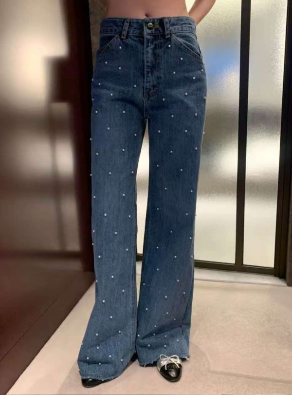 星點流光珍珠牛仔褲 珍珠牛仔褲,高腰直筒牛仔褲,星點牛仔褲,顯瘦丹寧,時尚牛仔褲,珍珠裝飾褲,女裝牛仔褲