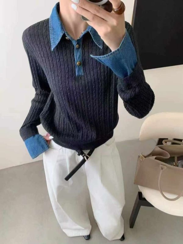 織界拼領針織上衣 針織上衣,拼接上衣,牛仔領襯衫,長袖上衣,女裝針織衫,復古鈕扣上衣,高級女裝