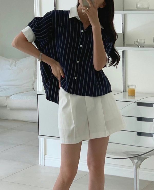 條紋翻領寬版襯衫 寬版襯衫,翻領襯衫,撞色襯衫,落肩襯衫,日系襯衫,夏季襯衫,舒適寬鬆上衣,百搭襯衫女裝,休閒風襯衫