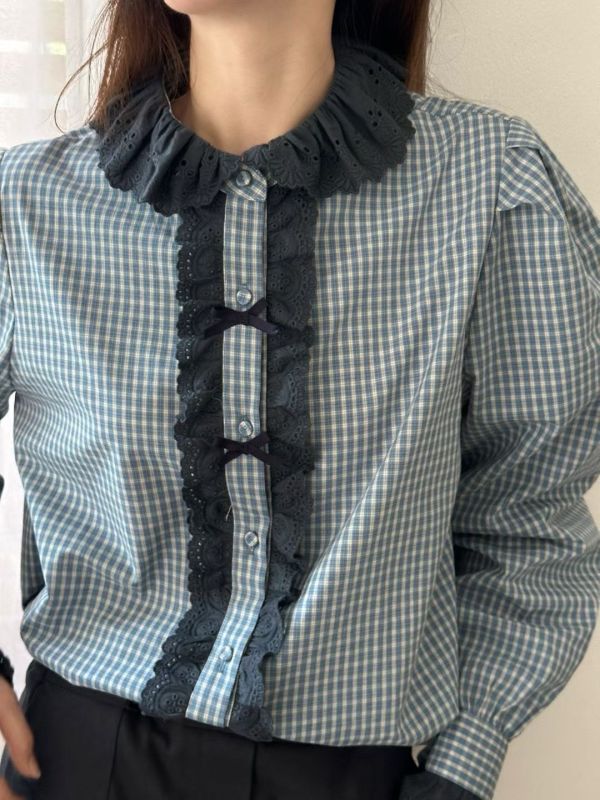蕾序格影襯衫 蕾絲襯衫,格紋襯衫,法式襯衫,優雅女裝,設計感上衣,立體領襯衫,正韓女裝,氣質襯衫,高質感上衣,微澎袖設計