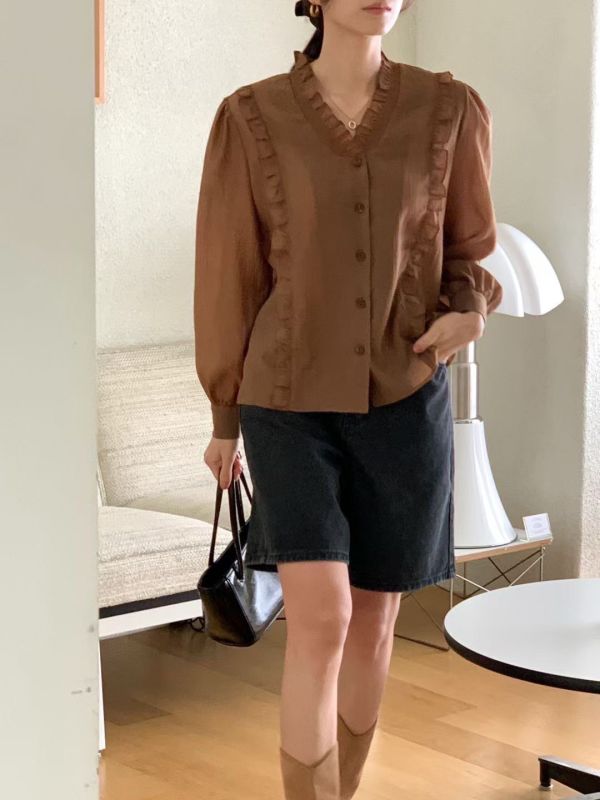 褶影層序襯衫 襯衫上衣,女裝襯衫,V領襯衫,立體褶飾上衣,長袖襯衫,氣質女裝,高級襯衫