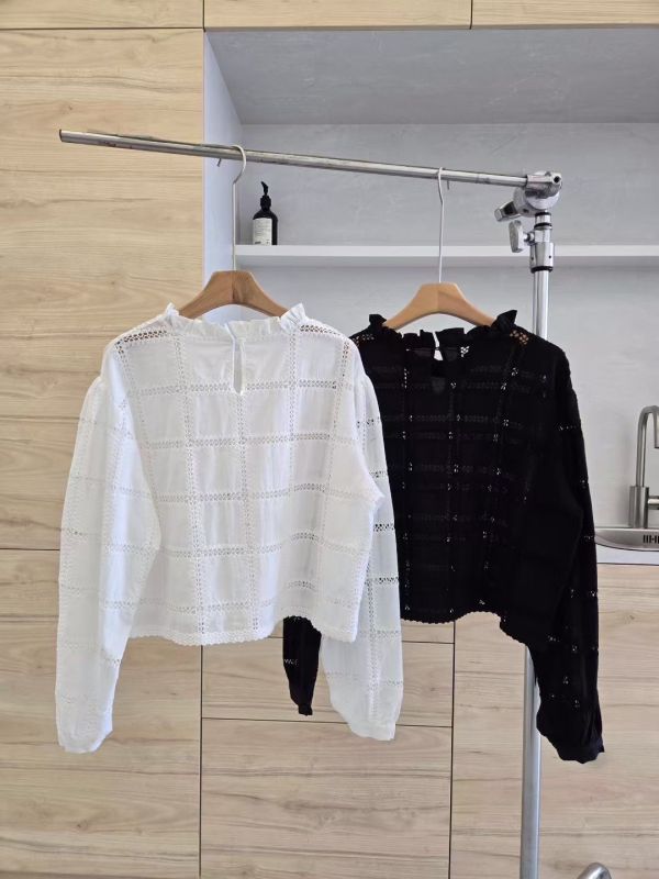 格影蕾絲鏤空襯衫 蕾絲上衣,鏤空襯衫,立領襯衫,荷葉邊上衣,女裝襯衫,氣質女裝,蕾絲拼接上衣