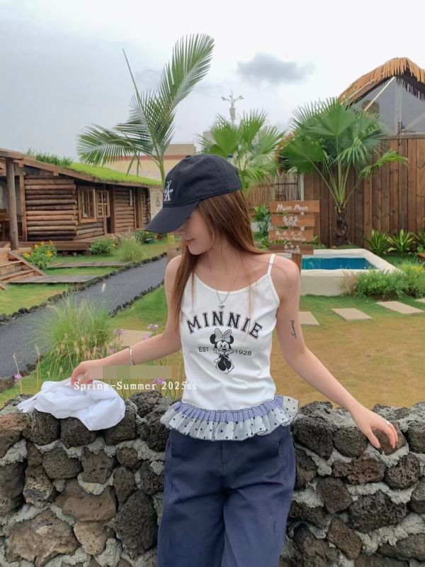 Le molt Minnie復古甜心吊帶背心 Minnie背心,米奇吊帶上衣,韓系穿搭,甜美風背心,荷葉邊背心,可愛卡通背心,棉質吊帶上衣