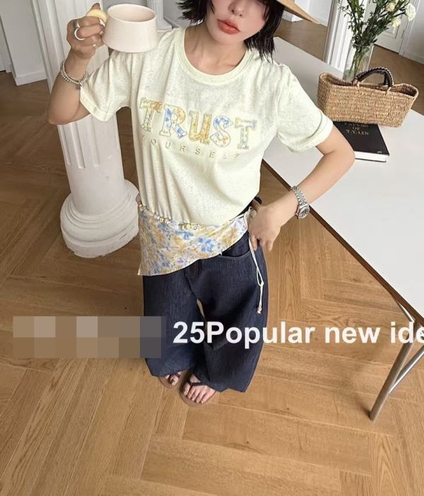 Le molt 信念花語雙件組Tee 兩件式上衣,花布拼接T恤,珠飾設計Tee,披巾T恤,層次穿搭,輕甜風格穿搭,夏日造型Tee,設計感短袖上衣
