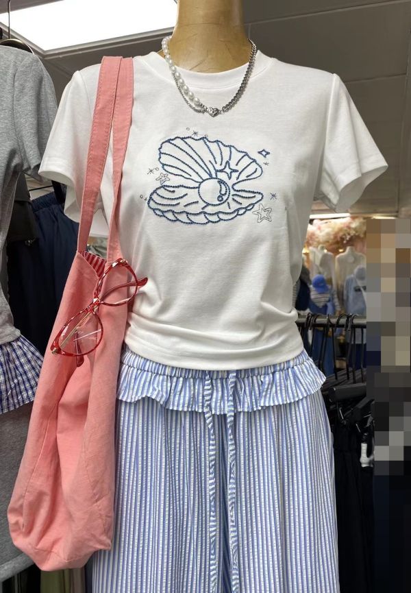 Le molt 海洋珍珠短Tee 海洋珍珠T恤,刺繡短Tee,貝殼圖案上衣,白色短袖上衣,棉線刺繡T恤,嬌小女孩穿搭,夏日清新上衣