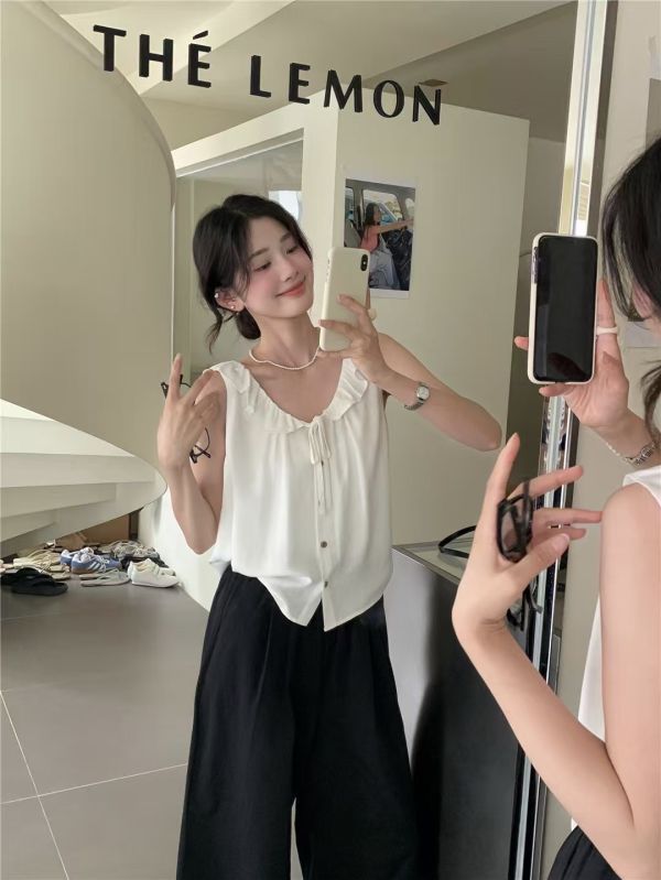 Le molt 荷影綁帶無袖襯衫 無袖襯衫,荷葉邊上衣,綁帶上衣,夏日女裝,氣質上衣,百搭上衣,優雅穿搭,韓系女裝,夏季襯衫,文青風穿搭