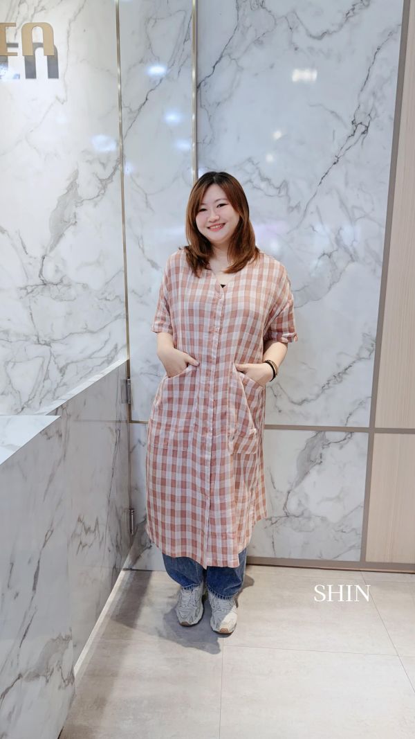 日系女孩格紋排釦苧麻襯衫洋(粉/黑/灰/綠) 