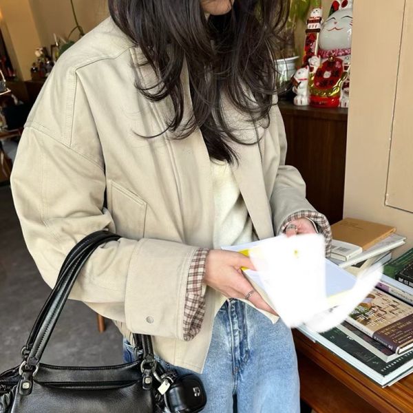 KOREA復古休閒立領兩面穿格紋夾克外套 