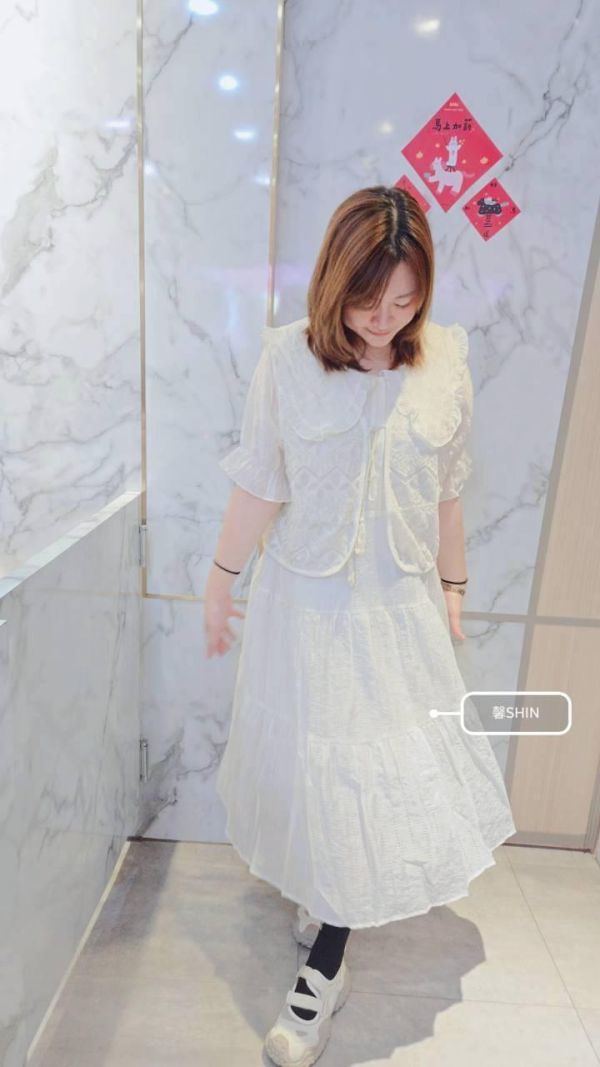 真兩件蕾絲背心+娃娃領洋裝(米白/黑) 