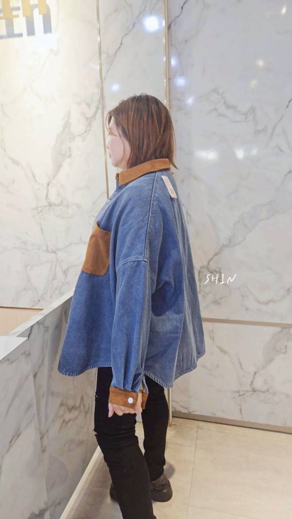 韓版撞色領刷毛襯衫(黑/藍) 