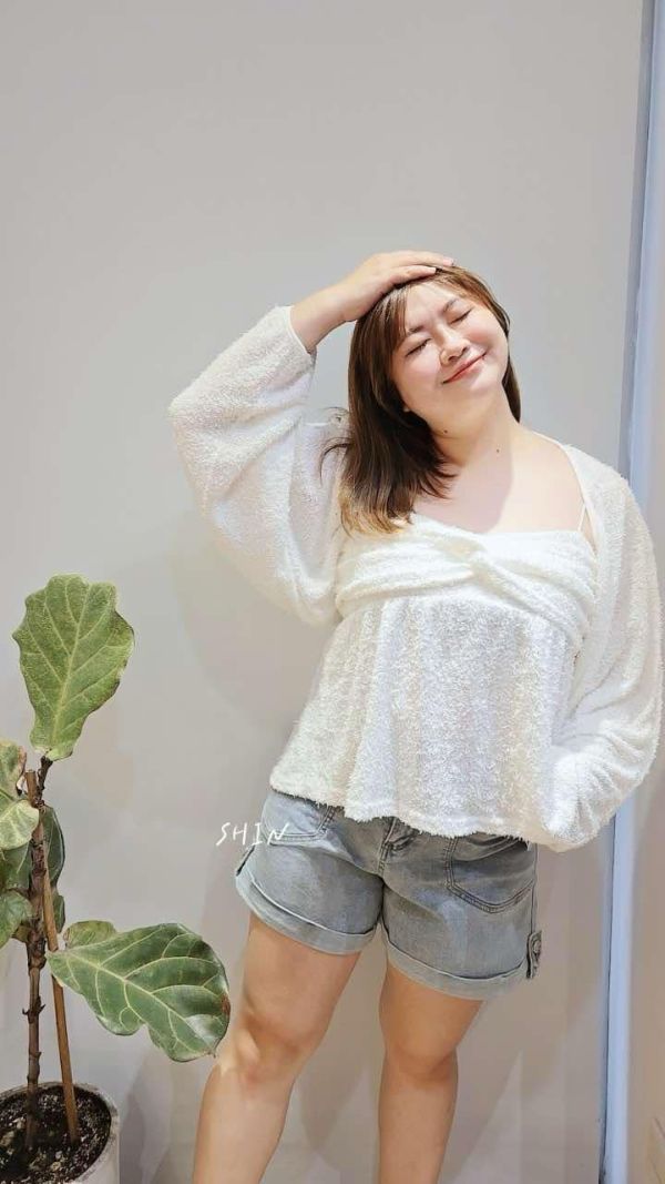 QQ仿毛巾布扭結背心外套組(白/紫) 