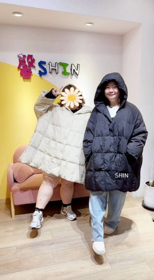 長版鴨絨方格外套(黑/杏) 